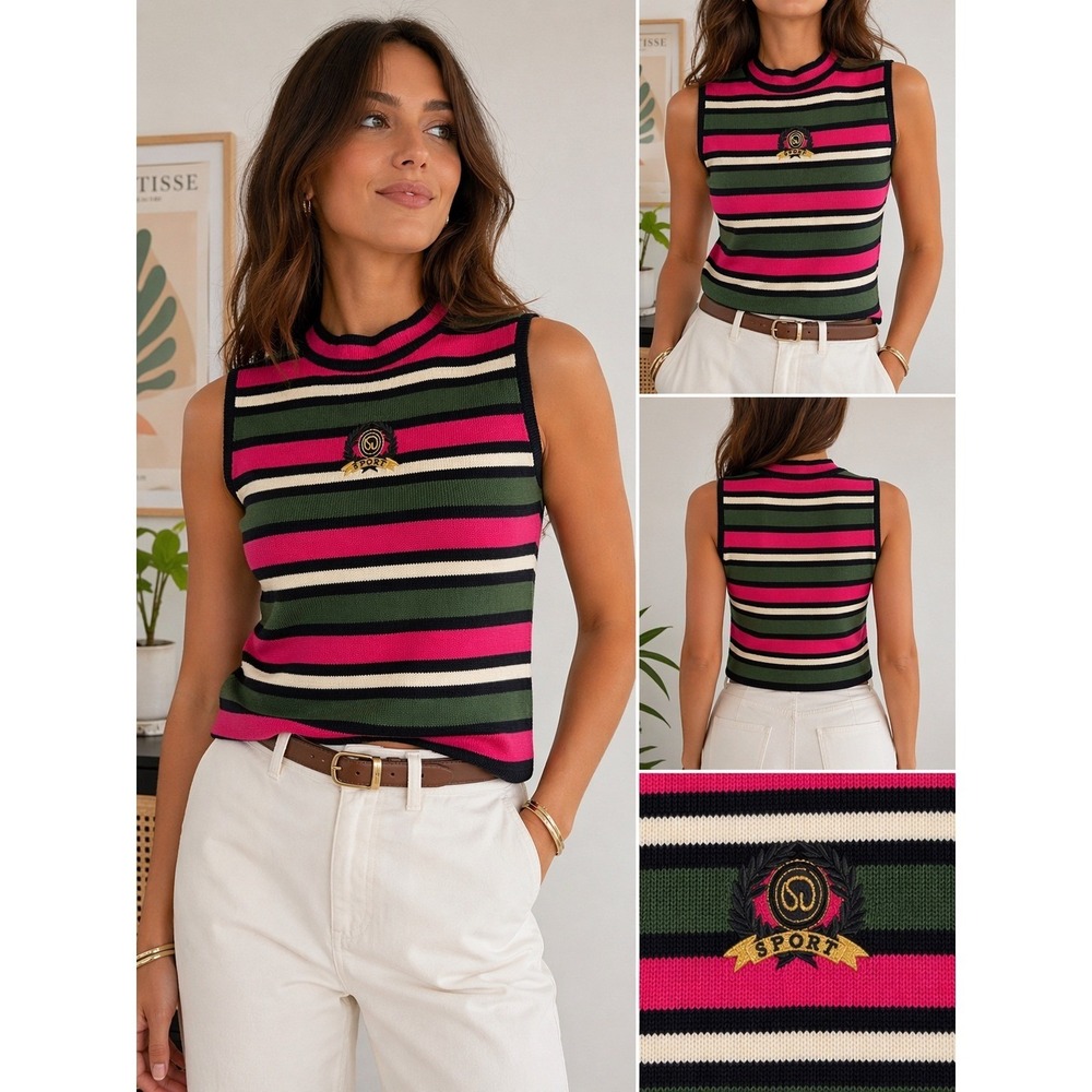 St John Sport Marie Gray Striped Knit Tank Top Crest Logo Pink Green Women M